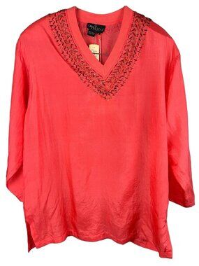 Carole Little Sport Coral Beaded Silk Top & Elastic Waist Pants Set Size 4